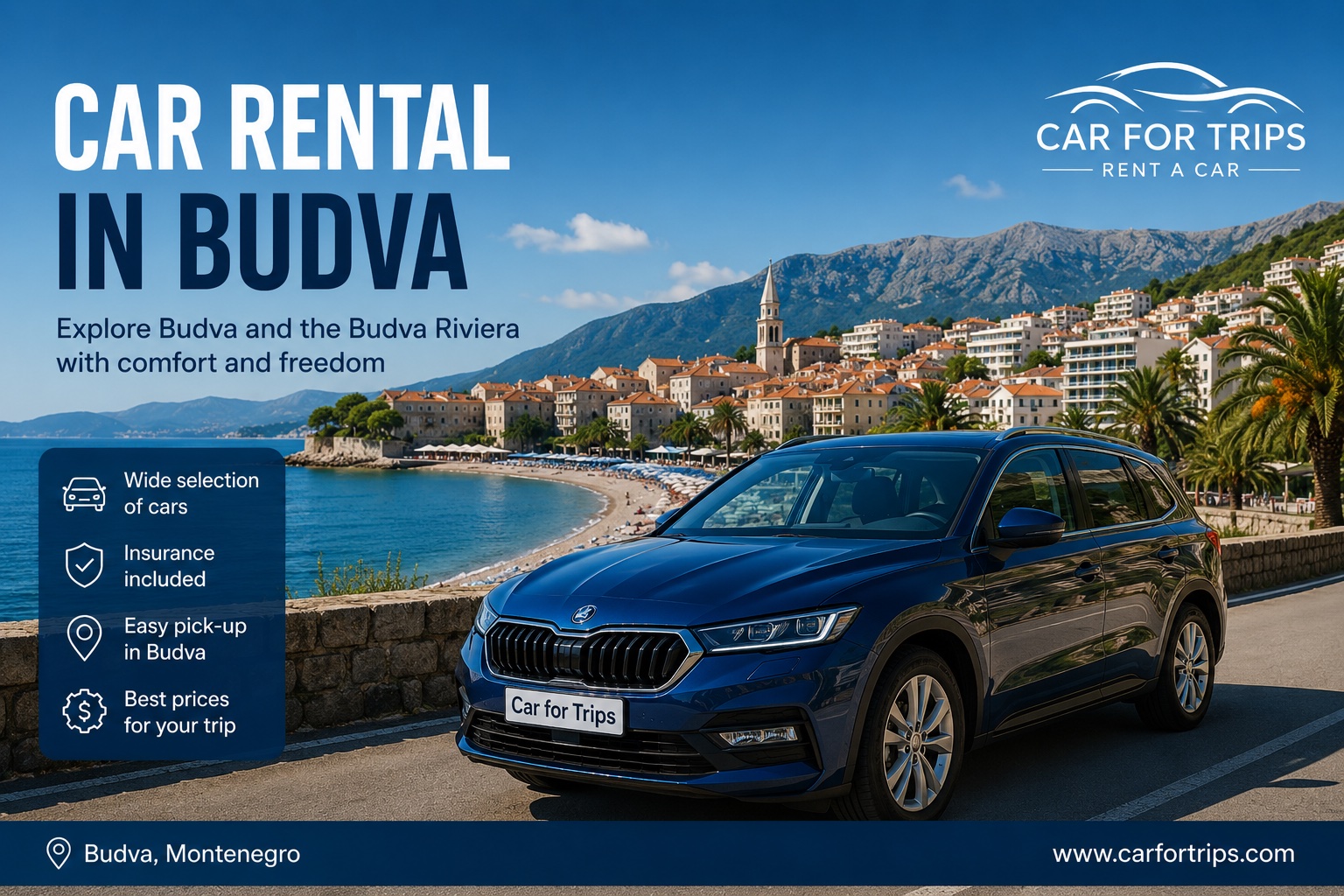 Istražite Kotor i Bokokotorski zaliv sa pouzdanim automobilom za iznajmljivanje od Car for Trips. Fleksibilna rezervacija, konkurentne cijene i pogodne opcije preuzimanja.